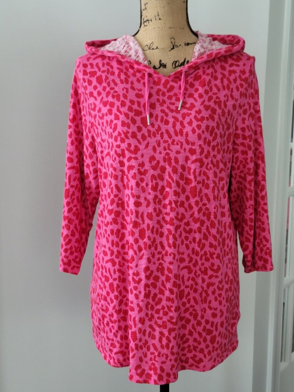 Belle by Kim Gravel Women's Slub Knit 3/4-Sleeve Hoodie Top Leopard Size Large